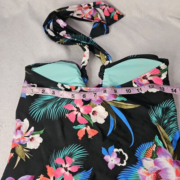 LEILANI Sz 8 Black Floral Tankini top Tropical Halter Ruched Front Tie Hibiscus - Picture 2 of 4